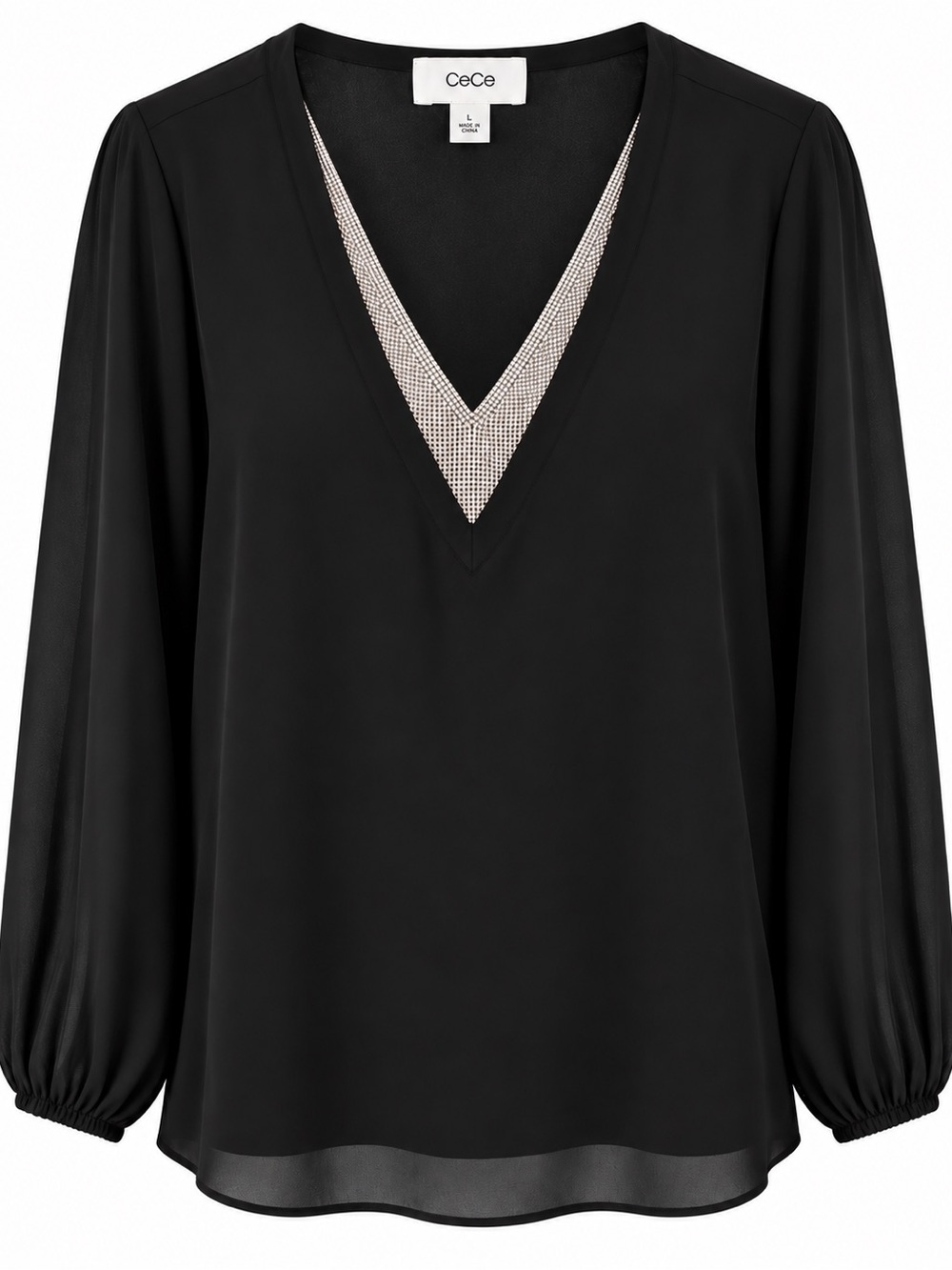 CeCe Black Rhinestone V-Neck Blouse NWT Large